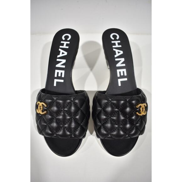 Chanel REV Black Lambskin Quilted CC Gold Logo Cone Heel Mule Slide Sandal 39 - Picture 7 of 11